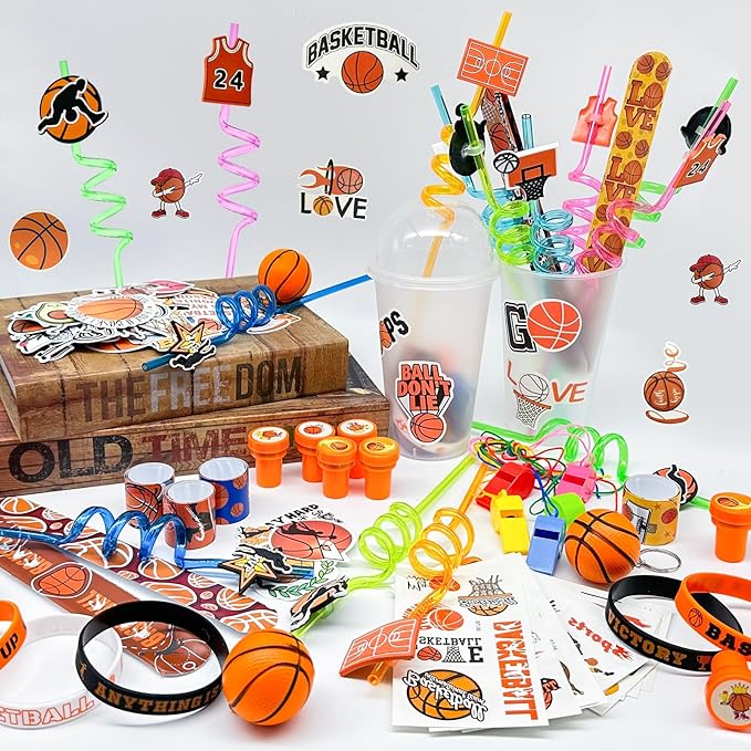 146 Pcs basketball Party Favors, Sports Party Supplies with Cup Straw Basketball Keychain Tattoo Sticker Slap Bracelet Whistle Treat Bag Fillers for Classroom Rewards Birthday Party (Basketball)