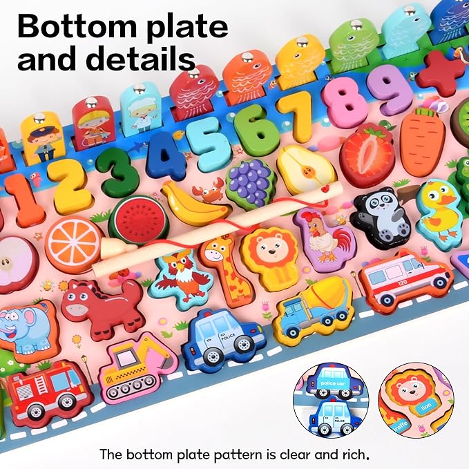 Wooden alphanumeric Shapes Jigsaw Ring Count Classification Toys Math Shapes Building Blocks Toddler Learning Playboard Math Fishing Educational Toys Montessori Educational Toys (color2)