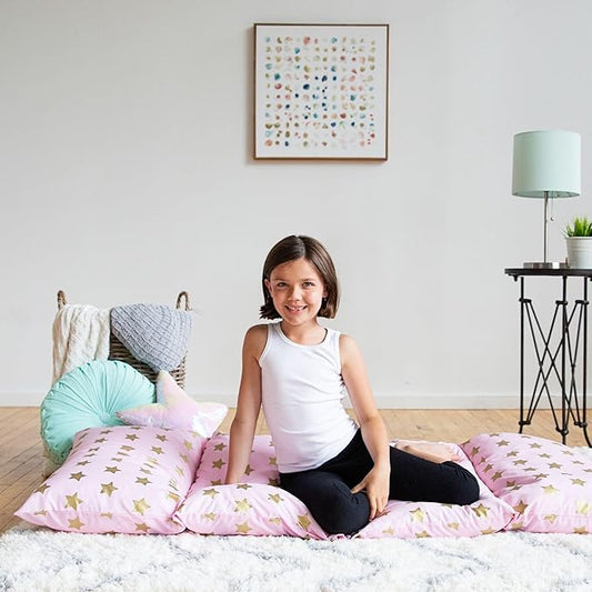 Wildkin Kids Floor Lounger: Ideal for Boys and Girls, Travel-Friendly, Perfect for Sleepovers - Pillow Lounger for Kids, Requires Standard Size Pillows Not Included (Pink and Gold Stars)