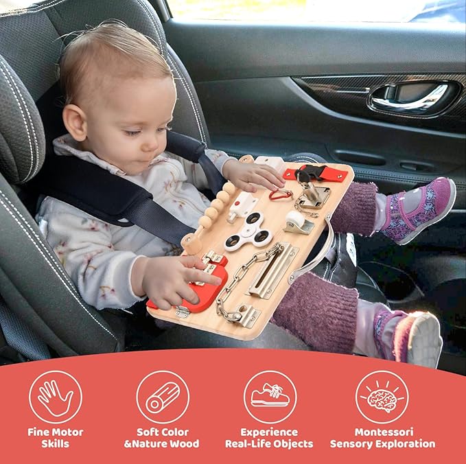 Potatomato Montessori Busy Board for Toddlers - Wooden Educational Fidget Toys - Autism Sensory Products - Activity Board for Kids Baby Boys Girls, ADHD- Fine Motor Kids Travel Toys