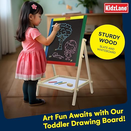 Kidzlane Art Easel for Kids 2-4 - Wooden Toddler Easel - Double Sided Standing Chalkboard/Dry Erase Board for Kids - Toddler Drawing Board with Accessories - 25.75 Inches Blackboard and Whiteboard