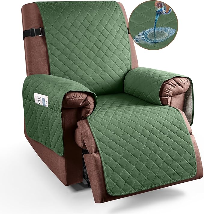 KinCam 100% Waterproof Recliner Chair Cover, Reclining Couch Covers for Pets, Dogs, Recliner Couch Slipcover Furniture Protector with Elastic Straps for Kids(23.6", Vine Green)