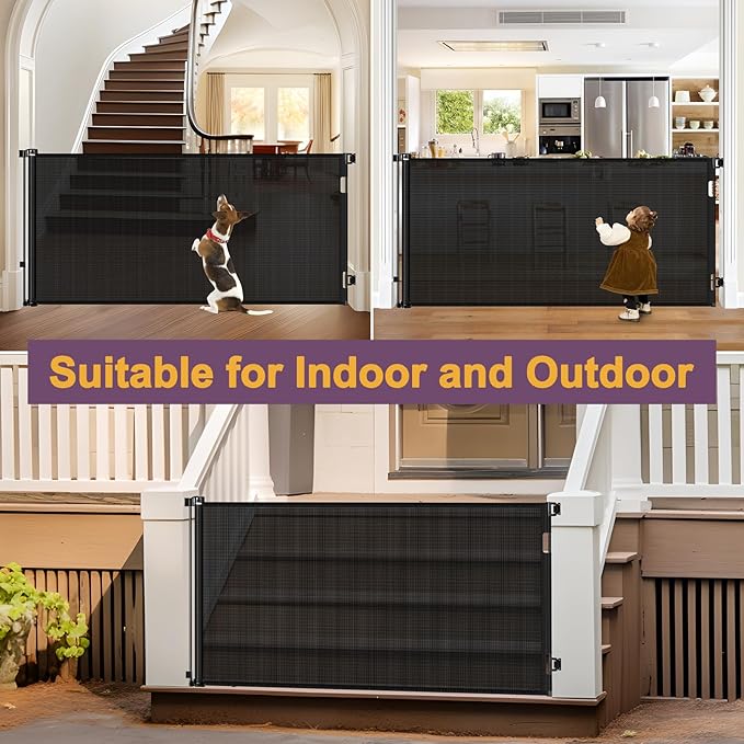 42" Tall X 80" Wide Retractable Baby Gates for Large Openings Extra Tall Dog Gates for Doorway Tall Retractable Pet Gate Tall Mesh Gates for Kids Long Dog Gate for Indoor/Outdoor (Black)