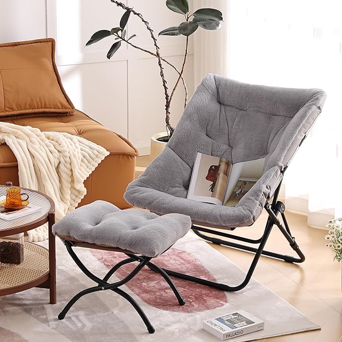 Comfy Saucer Chair with Ottoman, Oversized Folding Faux Fur Chair Soft Furry Lounge Lazy Chair with Metal Frame Moon Chair Accent Chair for Bedroom, Living Room, Dorm Rooms