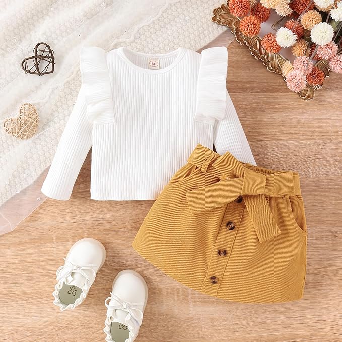 Fernvia Toddler Baby Girl Fall Winter Skirt Set Turtleneck Ribbed Long Sleeve T-Shirt Top & Plaid Skirts Dress 2Pcs Outfits