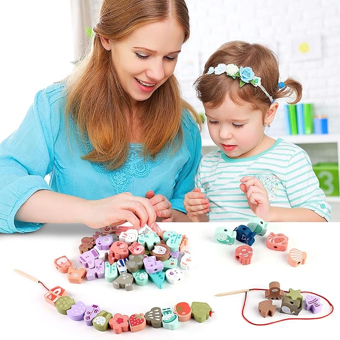 LovesTown Wooden Lacing Beads Set, 67 Pieces, Educational Stringing Toy with Storage Bag, Animal and Fruit Shapes for Toddlers