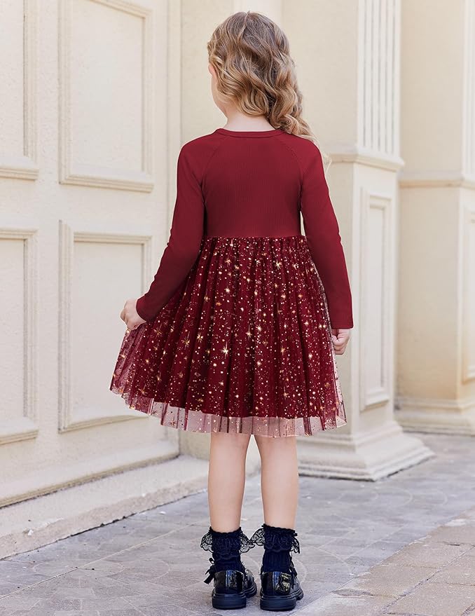 Arshiner Toddler Girls Tutu Dress Long Sleeve Fall Winter Button Front Party Tulle Dresses 2-8Y