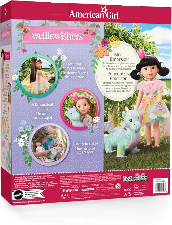 American Girl WellieWishers 14.5-inch Emerson Doll Playset with Crisella The Dragon, Doll Dress and Accessories, and Storybook, for Ages 4+
