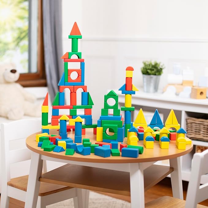 Melissa & Doug Wooden Building Block Set - 200 Blocks in 4 Colors & 9 Shapes