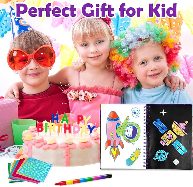 Foil Art Craft Activity for Kids: Fun DIY Toy Sticker Kit, No Mess Creative Travel Supply Set, Idea Birthday Easter Basket Stuffers Valentines Gift for Girl Boy Toddler 4 5 6 7 8 9 Year Old(Space)