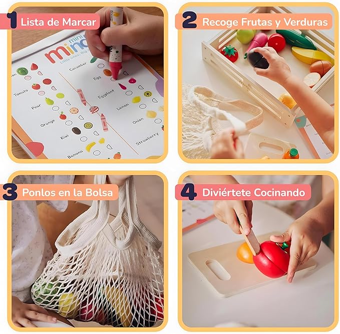 37 Pcs MINI MINDS Wooden Play Food, Shopping Bag & List. Magnetic Toddler Cutting Set, Play Food Sets for Kids Kitchen, Pretend Play Toys, Play Kitchen Toys, Montessori Toys