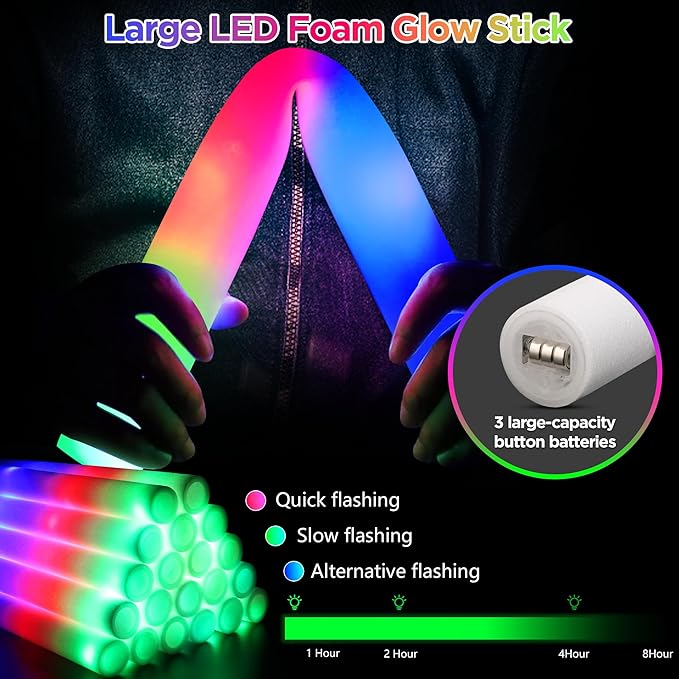 140Pcs Glow in the Dark Party Supplies, 100PCS Glow Sticks, 20PCS Big LED Foam Light Up Sticks, 10PCS LED Glasses, 10PCS LED Rabbit Ears Hairpin, for Wedding/BirthdayDance Floor