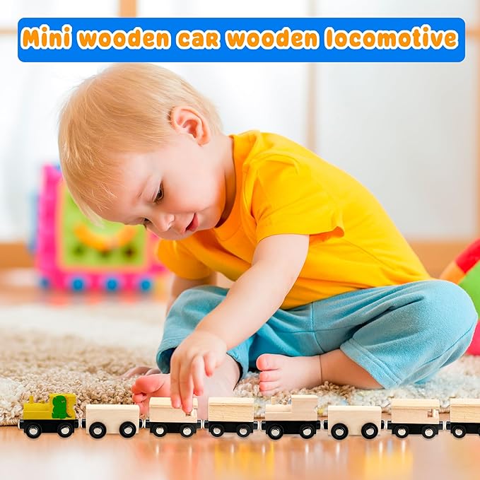 12 Pcs Wooden Trains Toys Unpainted Wood Train Cars Weak Magnetic Suction Paintable Wooden Railway for Kids Educational Toys Birthday Christmas Party Gifts (Style Set 3)
