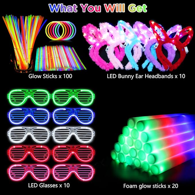 140Pcs Glow in the Dark Party Supplies, 100PCS Glow Sticks, 20PCS Big LED Foam Light Up Sticks, 10PCS LED Glasses, 10PCS LED Rabbit Ears Hairpin, for Wedding/BirthdayDance Floor