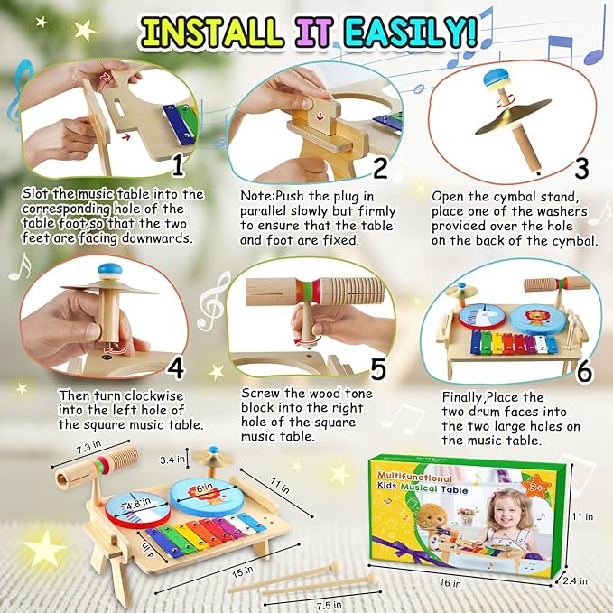 Kids Drum Set, Baby Musical Instruments Toys for Toddlers, 7 in 1 Wooden Xylophone Toddler Drum Set Percussion Instruments Musical Toys Birthday Gifts for Children Boys and Girls