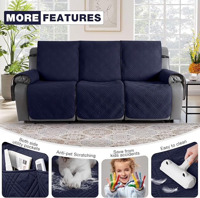 TAOCOCO 100% Waterproof Recliner Sofa Covers 3 Seater, Split Couch Covers for Reclining Couches for Kids Pets, Non Slip Reclining Couch Covers Furniture Protector with Straps(3 Seater, Navy Blue)