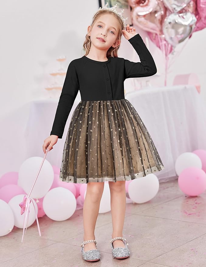 Arshiner Toddler Girls Tutu Dress Long Sleeve Fall Winter Button Front Party Tulle Dresses 2-8Y