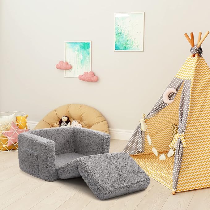 ALIMORDEN 2-in-1 Flip Out Cuddly Sherpa Toddler Couch, Convertible Sofa to Lounger, Grey