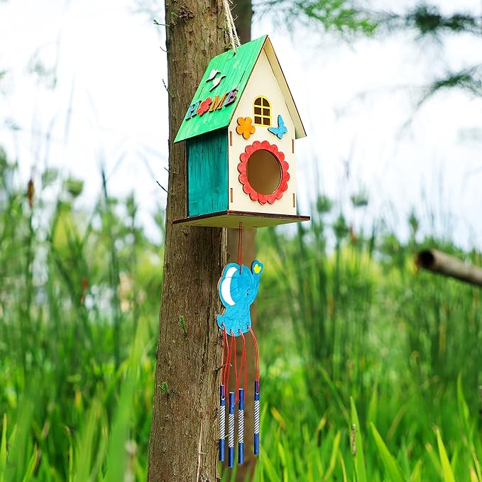 3 Pack Bird Houses for Outside, DIY Bird House Wind Chime Kit, Bird House Kits for Children to Build, Wooden Bird Houses to Paint, Wooden Craft Kits for Kids Girls Boys Toddlers
