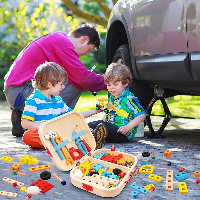 56 Pcs Kids Tool Set for Toddlers, Montessori Educational STEM Toys, Construction Learning Toys with Tool Box, Wooden Building Kit for 3 4 5 6 7 8 9 10 Years Old Boys Girls Birthday Gifts