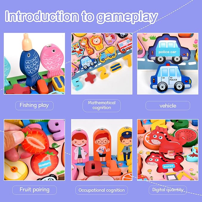 Wooden alphanumeric Shapes Jigsaw Ring Count Classification Toys Math Shapes Building Blocks Toddler Learning Playboard Math Fishing Educational Toys Montessori Educational Toys (color2)