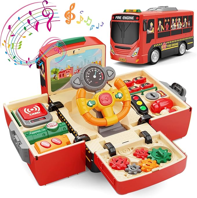 HONGTUO Fire Truck Toys with Teaching Meaning, Simulation Steering Wheel Driving Toy, Toddlers Fire Truck Toy with Sound and Light, Simulate a Rescue fire Scene,Gift for 3-5 Boys & Girls