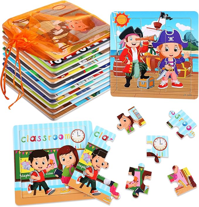 SANNIX 12 Pack Wooden Jigsaw Puzzles for Toddlers, Characters Puzzles for Kids Party Favors, Educational Puzzles Learning Travel Toy with 12 Organize Bags