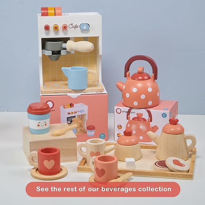 Mentari Toys - Tea Time Tray Set - Wooden Pink Teapot, Cups and Trays for Pretend Afternoon Tea Party - Social, Creative, and Imaginative Development - Learning Role Play - Age 3+