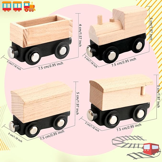 12 Pcs Wooden Trains Toys Unpainted Wood Train Cars Weak Magnetic Suction Paintable Wooden Railway for Kids Educational Toys Birthday Christmas Party Gifts (Style Set 3)