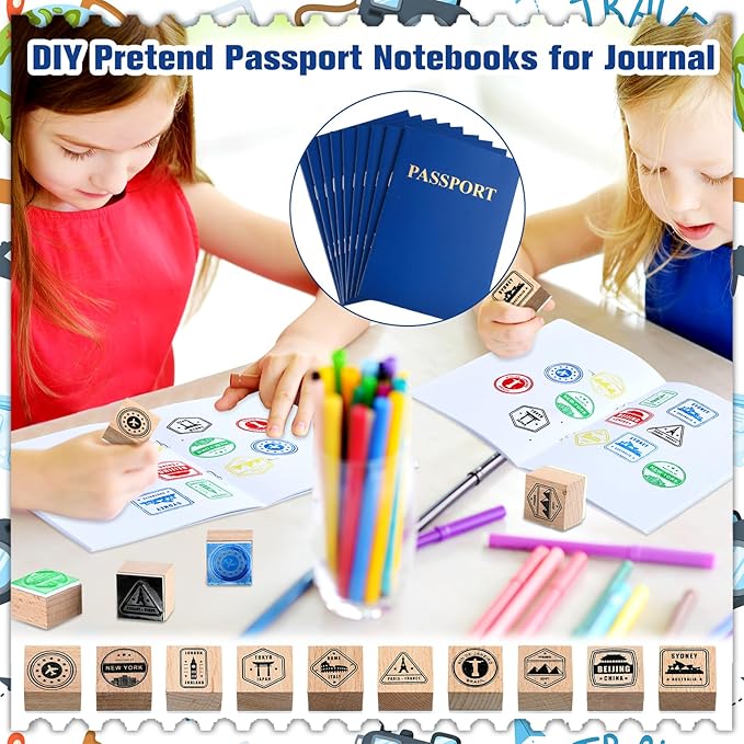 Passport Stampers Set 20 Pack Blank Travel Fake Passport Notebook and 10 Pcs Wooden Passport Stamps for Kid Pretend Passport Party Favors Collections Art Craft and Classroom School Projects
