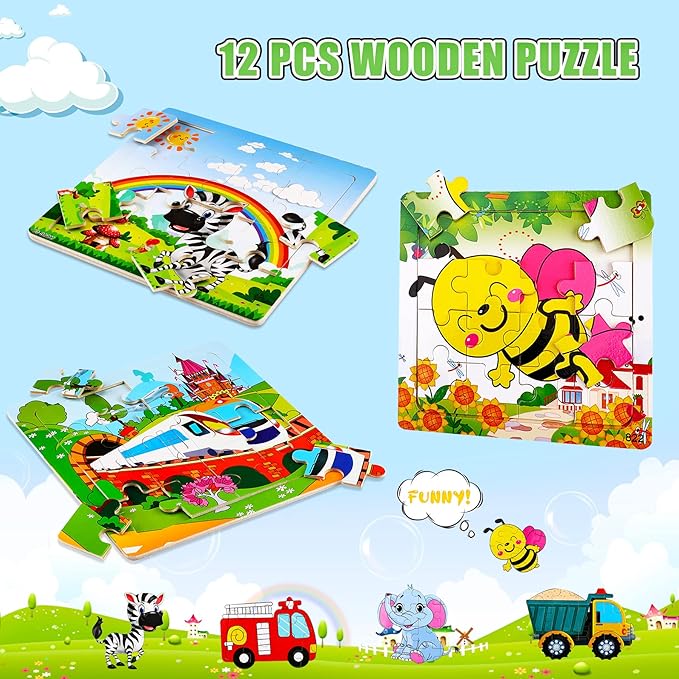 SANNIX 12 Pack Wooden Jigsaw Puzzles for Toddlers 3 4 5 Years Old, Party Favors Animals Jigsaw for Kids, Transportation Educational Puzzles Travel Toy with 12 Organize Bags