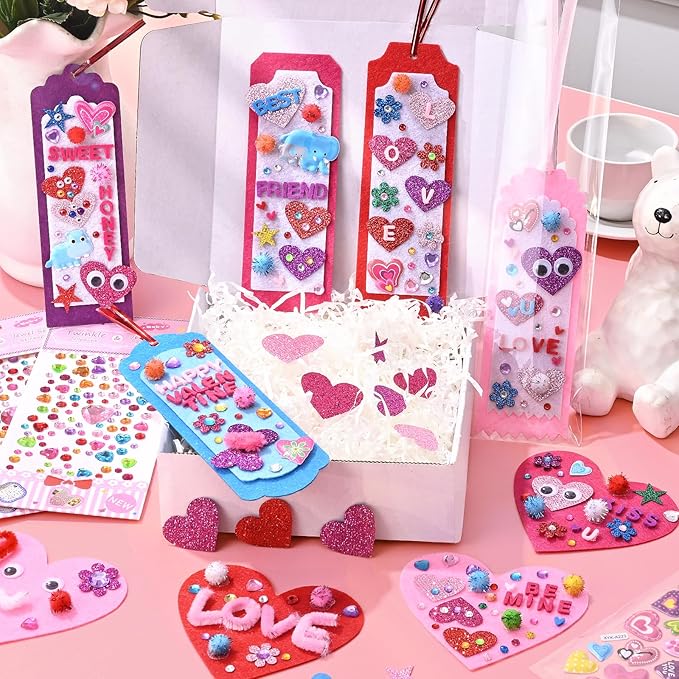36 Sets Valentines Day Crafts for Kids, DIY Felt Valentine Bookmarks Kits with Googly Eyes Pom-poms Hearts Stickers, Valentines Craft Supplies for Kids Classroom Activity Party Favor Gift Exchange