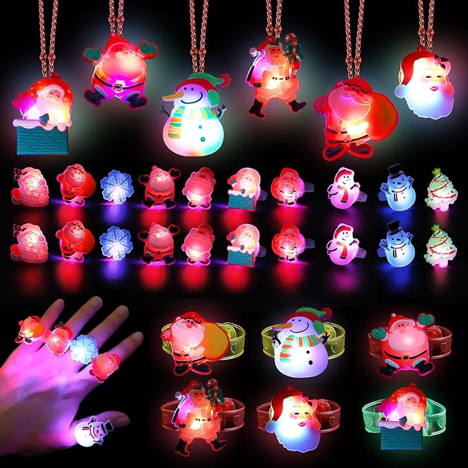 KIMOBER 42PCS Christmas Party Favors for Kids,Glow Rings Necklaces Bracelets,Light Up Xmas Toys Glow in the Dark Party Supplies for Christmas Candy Bag Fillers Party Decorations