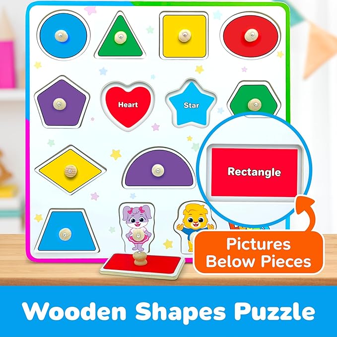 Lucas & Friends Wooden Toys, Peg Puzzle Toddler Toys, Educational Wooden Puzzles for Montessori and Preschool Kids, Shapes Puzzle Board for Ages 3 4 5 6 Years Old Boys and Girls As Gifts