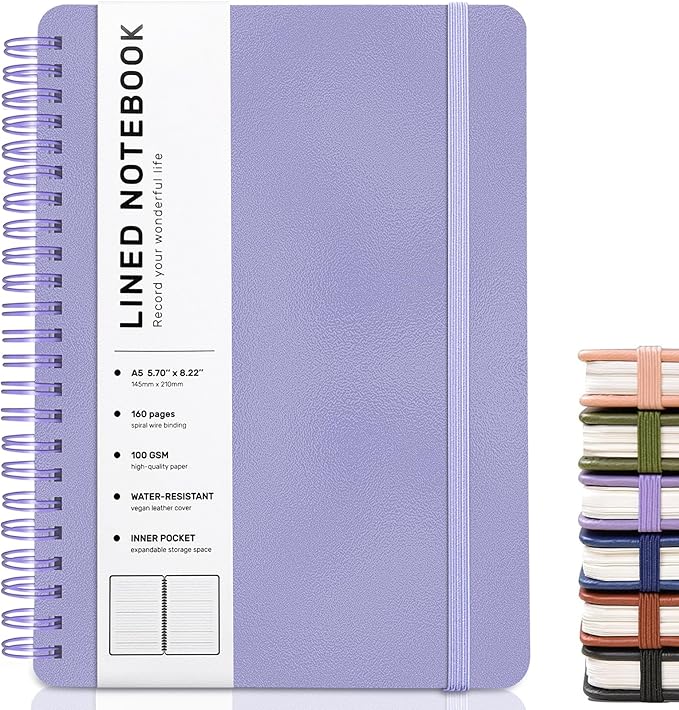 ABERLLS Purple Lined Spiral Journal Notebook with 160 Pages, 8×5.7in, A5 Spiral Notebook, Journaling Notebooks for Work, School, Women, Men, College Ruled Spiral Notebook, Hardcover Leather Journals