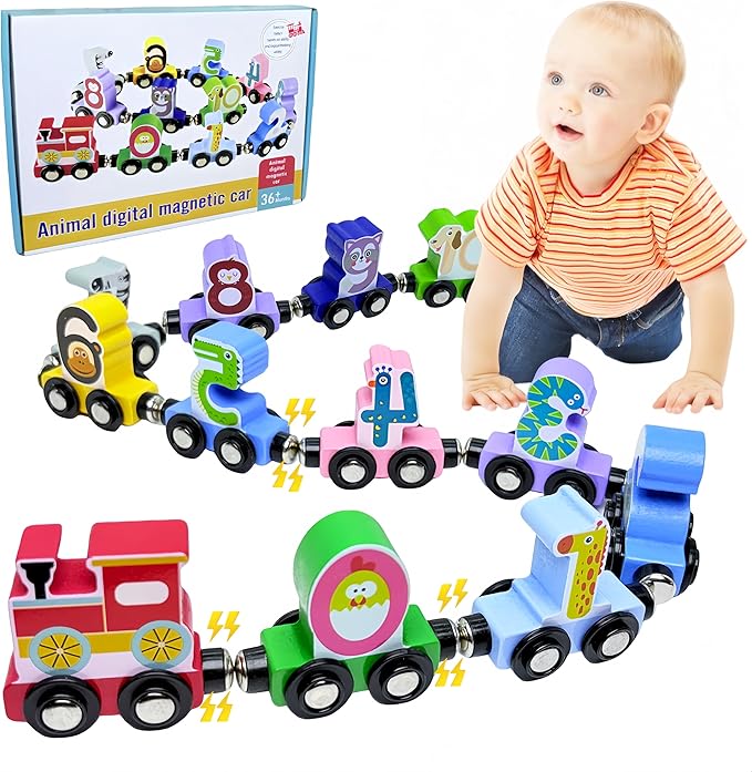 Toddlers Toy for 1 2 3 Years Old Boys Girls, 12 Magnetic Wooden Animal Digital Train Set with Storage Bag,Montessori Toys for 2-3 Years Old Toddlers, Christmas Birthday Easter Gift for Baby Toddlers