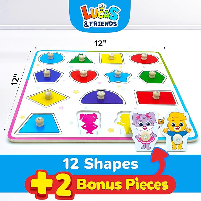 Lucas & Friends Wooden Toys, Peg Puzzle Toddler Toys, Educational Wooden Puzzles for Montessori and Preschool Kids, Shapes Puzzle Board for Ages 3 4 5 6 Years Old Boys and Girls As Gifts