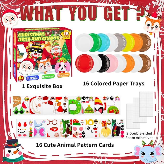 16 Pack Christmas Arts and Crafts for Kids Toddler Christmas Animal Paper Plate Art Kit Gifts for 3 4 5 6 Year Old DIY Kids Crafts for Christmas Stocking Stuffers Classroom Activities Games