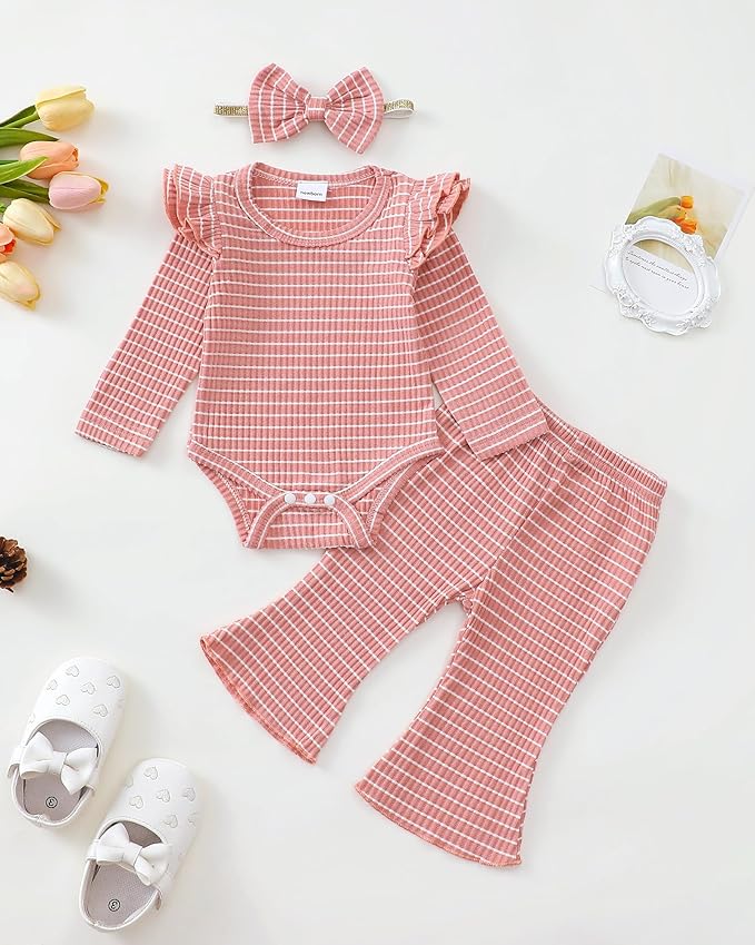 SUNNY PIGGY Newborn Baby Girl Clothes Infant Girls Outfits Ruffle Long Sleeve Romper Pants Set with Headband