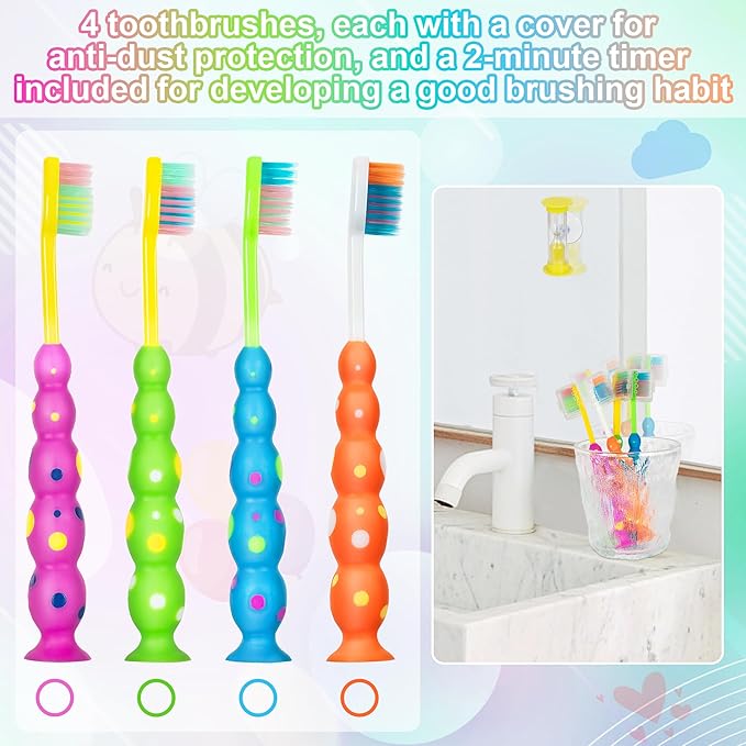 Kids Toothbrush, Toddler Toothbrush with Suction Timer, Children Sized Brush Heads (3-10 Year Old), Suction Cup for Fun & Easy Storage, Flossing Bristles, Pack of 4