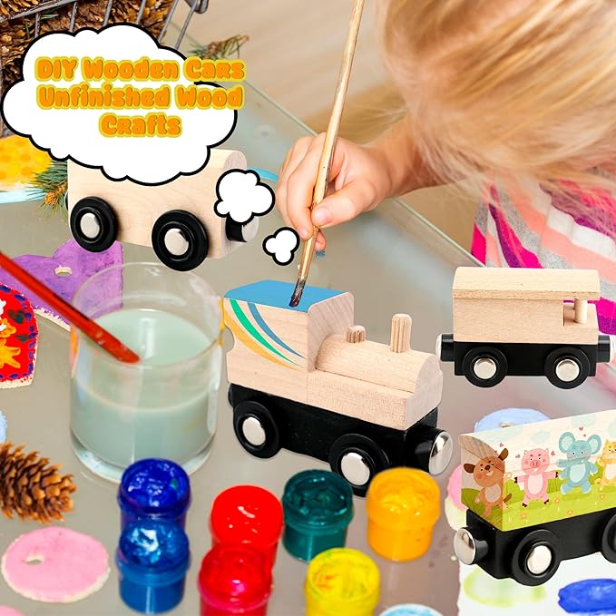 12 Pcs Wooden Trains Toys Unpainted Wood Train Cars Weak Magnetic Suction Paintable Wooden Railway for Kids Educational Toys Birthday Christmas Party Gifts (Style Set 3)