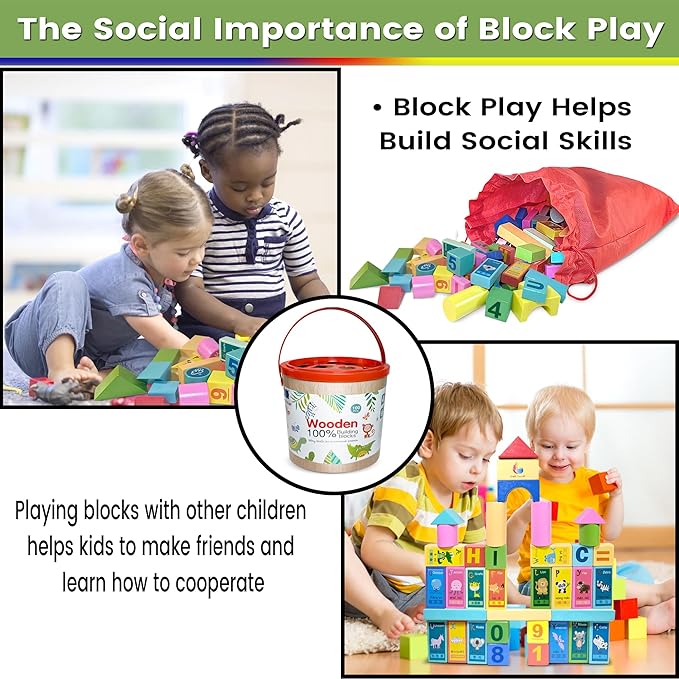 Wooden Blocks Set for Toddlers, Preschoolers, Educational Building Toys, Multicolor, with Storage Bucket and Bag., Medium, WB002