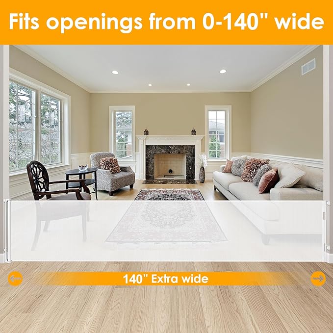 140 Inch Extra Long Baby Gates for Large Openings Outdoor Retractable Baby Gate Long Baby Gates Indoor Extra Long Dog Gates for Doorway Extra Wide Baby Gates Extra Large Baby Gates Extra-long Pet Gate
