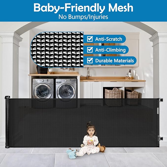 90 Inch Retractable Baby Gates Extra Wide Dog Gate Outdoor Retractable Gate Indoor Long Baby Gate Extra Wide Baby Gates for Large Openings Retractable Dog Gate Retractable Pet Gate for Doorway, Black