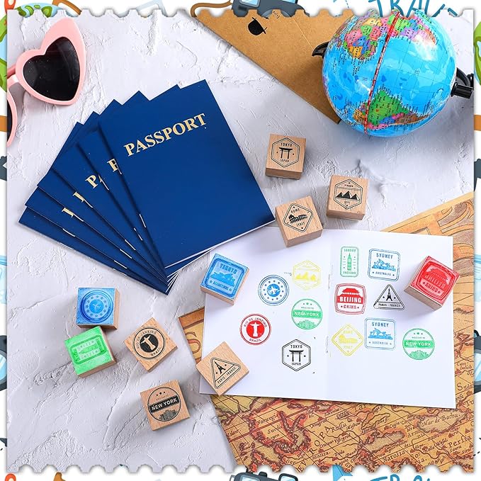 Passport Stampers Set 20 Pack Blank Travel Fake Passport Notebook and 10 Pcs Wooden Passport Stamps for Kid Pretend Passport Party Favors Collections Art Craft and Classroom School Projects