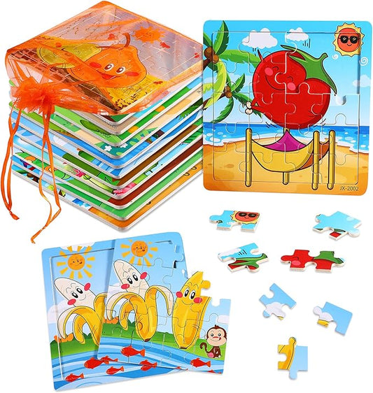 SANNIX 12 Pack Wooden Jigsaw Puzzles for Toddlers 3 4 5 Years Old, Party Favors Animals Jigsaw for Kids, Transportation Educational Puzzles Travel Toy with 12 Organize Bags