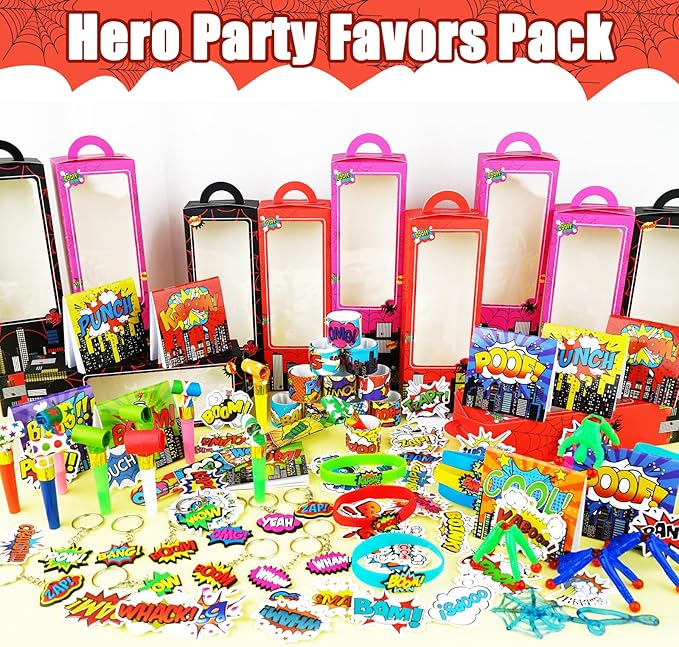 146Pcs Hero Party Favors for Kids, Goodie Box Stuffers Include Mini Notebooks Slap Bracelets Keychain Blowing Dragon Stickers Sticky hands Toy, for Carnival Classroom Prizes Birthday Party Gifts