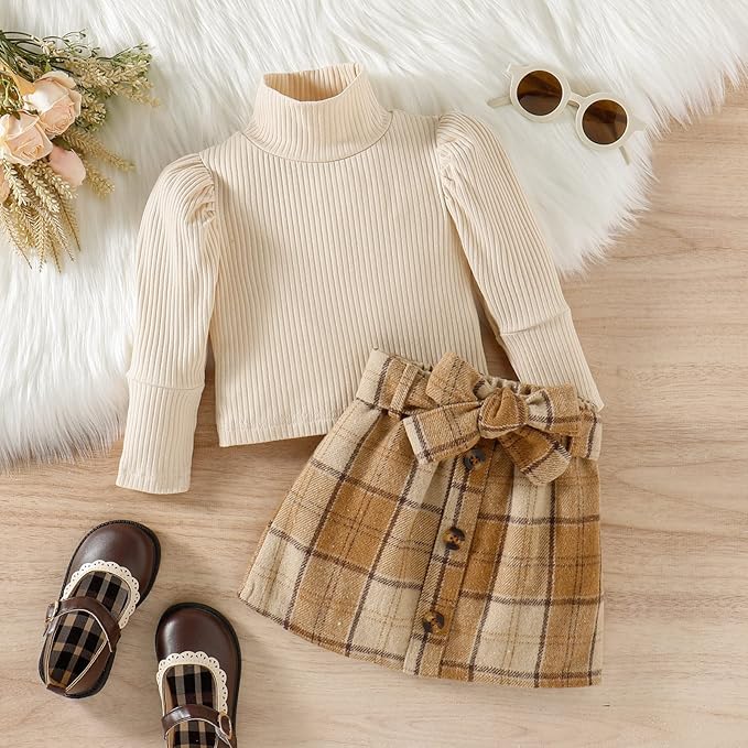 Fernvia Toddler Baby Girl Fall Winter Skirt Set Turtleneck Ribbed Long Sleeve T-Shirt Top & Plaid Skirts Dress 2Pcs Outfits