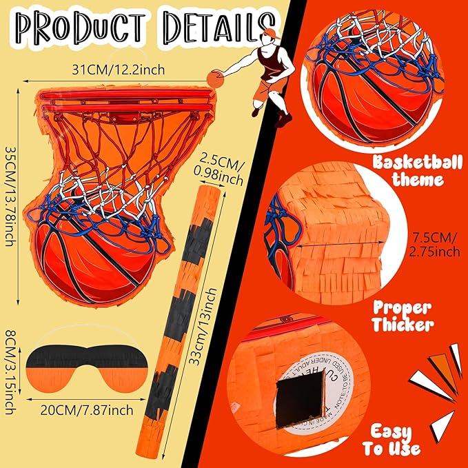 152 Pcs Ball Piñata Ball Party Supplies with Blindfold and Stick for Kids Birthday Party Decorations Foam Stress Balls Slap Bracelets Whistle Ball Favors for Boys Girls(Basketball)