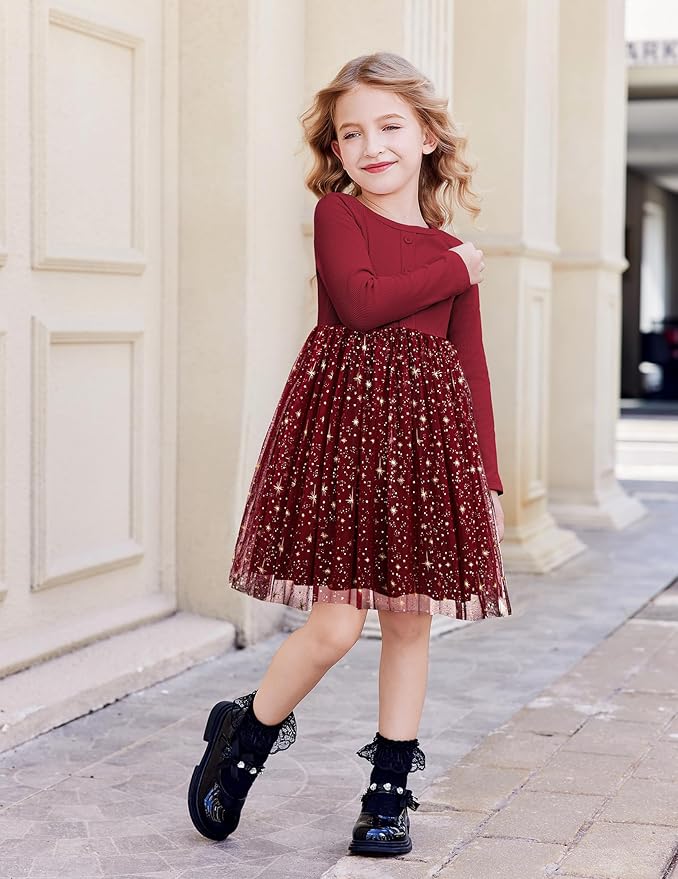 Arshiner Toddler Girls Tutu Dress Long Sleeve Fall Winter Button Front Party Tulle Dresses 2-8Y